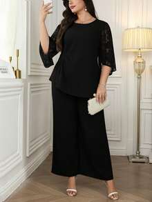 SHEIN Clasi Conjunto de 2 piezas de talla grande con mangas y pantalones de encaje retorcido y parches - Negro - Ver 4