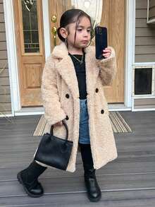 SHEIN Young Girl Knitted Fluffy Collar Casual Jacket, Girl Coat, Girl Clothes Autumn And Winter Clothes - Apricot - View 5