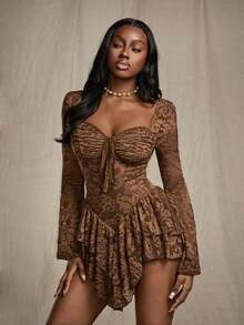 Y2K Amplova Women's Long Sleeve Mini Dress, Lace Long Sleeve Asymmetrical Hem Sexy Minimalist Bust Ruched Mini Dress, Suitable For Dates, Comes With Underpants To Prevent Exposure Simeon Slay Diva Dress Ronhire Coffee Brown Dress Brown Romper Women Christmas Outfit For Women New Year Dress Brown Sexy Dress - Coffee - View 6