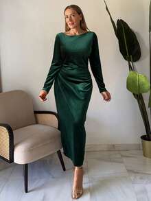 Vivie Lora Women's Green Velvet Bodycon Midi Dress With Waist Cinching Prom Dress