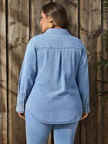 EMERY ROSE Plus Size Women Street Casual Comfortable Mid-Blue Non-Stretch Ruffle Trim Denim Blouse - Medium Wash - View 2