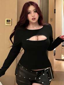 Dazy Plus 圆领拉链镂空性感裹身极简黑色长袖T恤