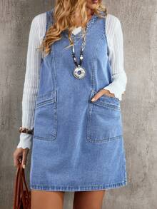 EMERY ROSE 女士休闲无袖牛仔连衣裙，带双口袋 - 藍色 - 查看 6