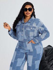 Slaydiva Plus Size Women Denim Blue Inelastic Jacquard Short Sleeve Jacket, Cowgirl Style Summer Rodeo - Light Wash - View 6