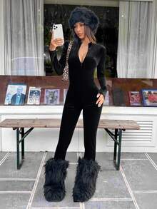 SHEIN EZwear 女士天鹅绒前拉链紧身连身裤 - 黑色 - 查看 5