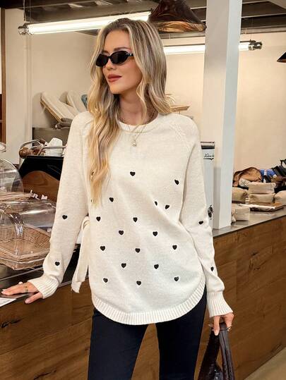 SHEIN Frenchy Suéter De Manga Raglán Con Estampado De Corazones Para Mujer
