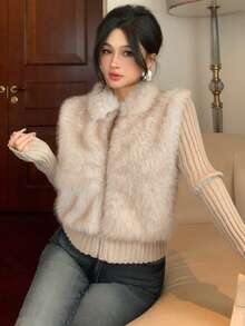 DAZY Áo khoác cardigan nữ 2 trong 1 chắp vá thanh lịch, Thu/Đông - Màu be - Xem 3