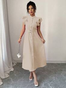 Elenzga Váy sơ mi nữ tay bèo nhún ve trơn màu mới, thắt eo - Màu be - Xem 5