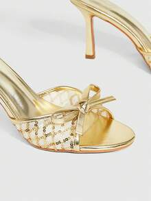 CUCCOO SZL Casual Fashion Bow Decor Open Toe Women Heeled Sandals For Christmas - Gold - View 6