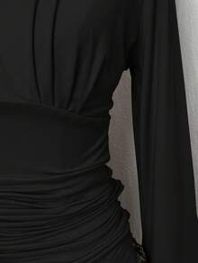 EgrlEra Autumn Fashion Solid Color Bell Sleeve Ruched Waist T-Shirt - Black - View 3