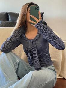 DAZY Women's Striped Shawl Collar Long Sleeve Casual Versatile T-Shirt,Going Out Tops For Women - Blue - View 2