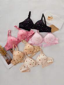 Teen Girls Bras And Bralettes-Wireless Heart Print Bra Set Pack Of Five Cute Pastel Black Pink Beige White Everyday Comfort Removable Padding Adjustable Straps No Underwire Youth Intimates Loungewear All Season Holiday 2026 Must Have - Multicolor - View 4