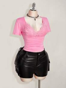 SHEIN ICON 大码V领蕾丝拼接腰部褶皱修身针织T恤，性感春夏T恤，婚礼宾客上衣 - 粉色 - 查看 9