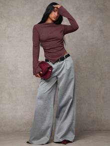 SHEIN BAE Women's Solid Color Long Sleeve Ruched Asymmetric Hem Fashionable Top - Burgundy - View 3