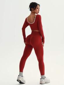 Dewbera Conjunto Esportivo Sem Costura Feminino, Top de Manga Longa com Listras Contrastantes e Legging Justa com Cintura Contrastante