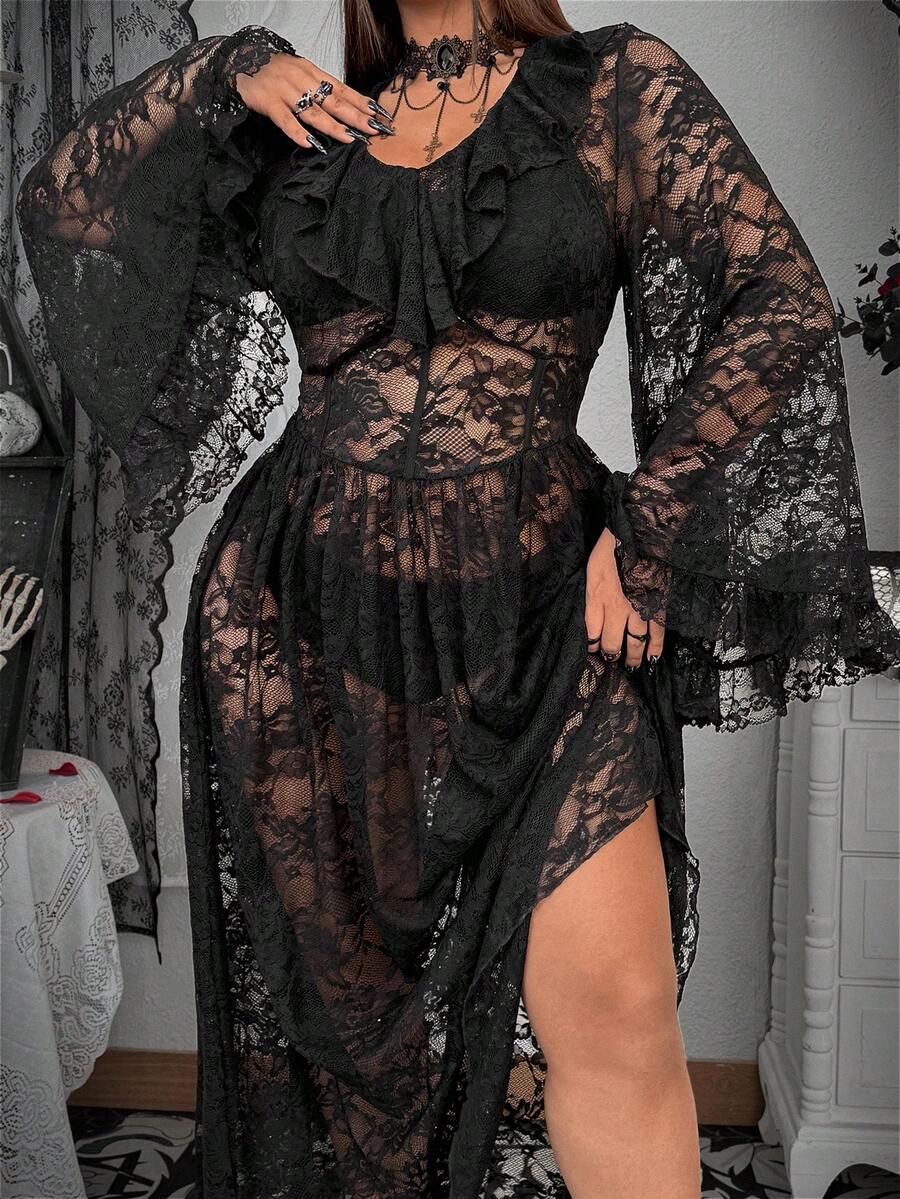 Whyspr Vestido de talla grande con cuello cuadrado y volantes en el bajo, vestido de talla grande de estilo punk casual, adecuado para primavera, verano y otoño, vestido de escote corazón, cuello cuadrado, manga abullonada, manga corta, transparente, sexy, encaje, volante en la cintura, a rayas, ajustado, línea A, patchwork, vestido maxi, estilo gótico - Negro - Ver 1
