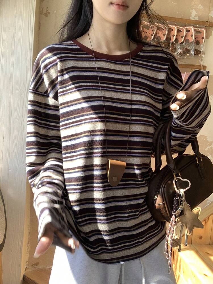 Autumn New Striped Women Round Neck Drop Shoulder Long Sleeve Casual T-Shirt