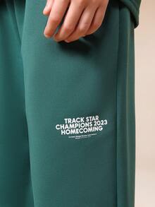SUMWON Setelan Polo Oversize Track Star Champions Homecoming dengan Celana Panjang Lebar dan Detail Garis Kontras, Pakaian Kasual Serasi dengan Resleting dan Kerah Seperempat. - Dark Green - View 6