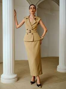 ZEYLAH 2 pièces : Veste coupe-vent sans manches élégante et jupe droite, style vintage, tenue de bureau classique et élégante, printemps/été - Kaki - Voir 7