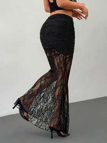 SHEIN Tall Women's Elegant Romantic Fashion Commute Sexy Black Lace Maxi Skirt, Tight Lace Skirt, Beach Holiday Ladies Skirt, Back To School Graduation Season Women's Wear, Romantic Date, Birthday, Easter Ladies, Brazilian Carnival, Music Festival, Wedding Season, Brunch Ladies Skirt, Bohemian Style, Fairy Style Skirt - Black - View 2