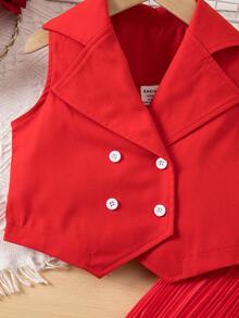 2pcs Young Girl Elegant Red Fashion Vest & Pleated Long Pants Set,Summer 7th Birthday Casual Outfit For Girls Button Top Collar Two Piece Outfit - Red - View 8