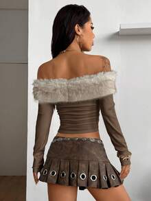 Coolane Women's Winter Streetwear Going Out Hippie Y2K Gyaru Warm/ Cold Weather/ Thermal Rib Knit Fur Off The Shoulder Brown Long Sleeve T-Shirt - Brown - View 6