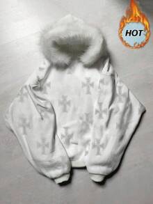 Noixe Women's Minimalist Printed Fluffy Hooded Long Sleeve Drop Shoulder Sweatshirt