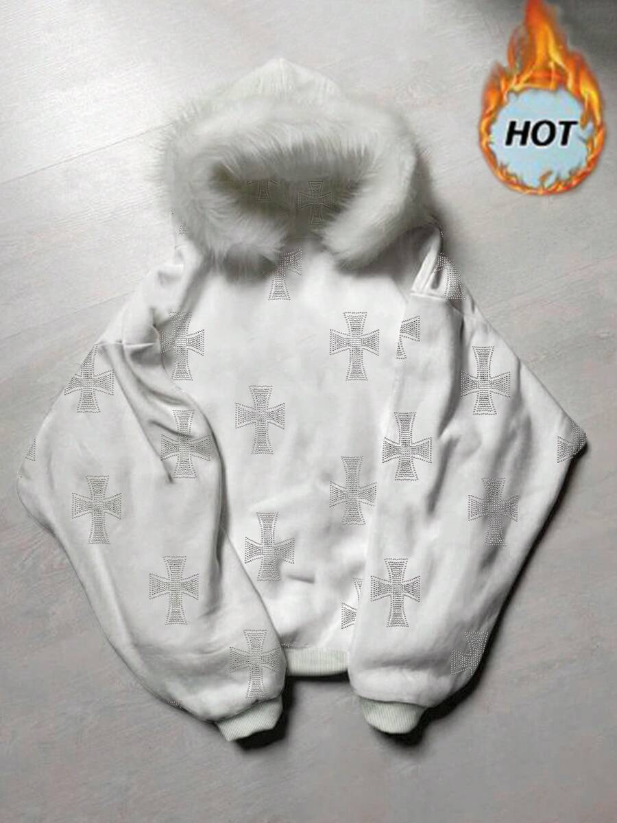 Noixe Women's Minimalist Printed Fluffy Hooded Long Sleeve Drop Shoulder Sweatshirt