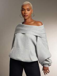 Denimoi 女士纯色落肩长袖休闲卫衣，带口袋 - 灰色 - 查看 2