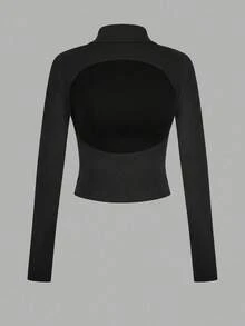 3 packs piezas camiseta de mujer de manga larga, playera manga larga espalda descubierta, playera manga corta ajustada, sexy, con diseño minimalista casual, apta para primavera/otoño - negro - Ver 5