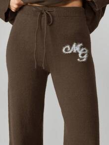 MISSGUIDED Knit Wide Leg Pants With Logo Detail Drawstring Waist Casual Comfort Fall Winter Loungewear - Brown - View 5