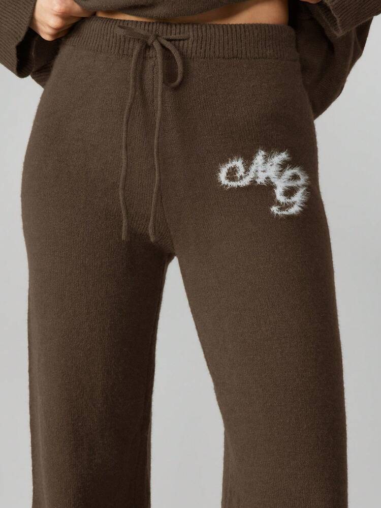 MISSGUIDED Pantaloni a gamba ampia in maglia con dettaglio logo, vita con coulisse, comodi e casual per l'autunno e l'inverno