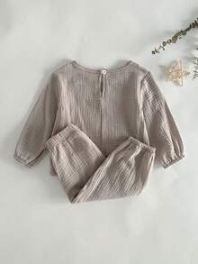 2pcs Baby Boy Soft Comfortable Fabric Cute Moon Embroidery Casual Long Sleeve Top And Pants Homewear Set Muslin Baby Clothes Toddler Two Piece Set Neutral Baby Clothes Unisex Baby Night Clothes - Grey - View 2