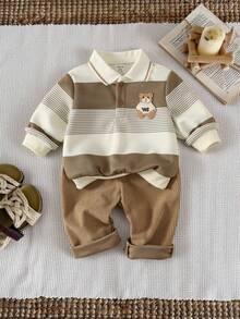 SHEIN 2pcs/Set Baby Boy Cute Striped Cartoon Pattern Polo Shirt And Elastic Waist Casual Sweatpants Set, Autumn/Winter
