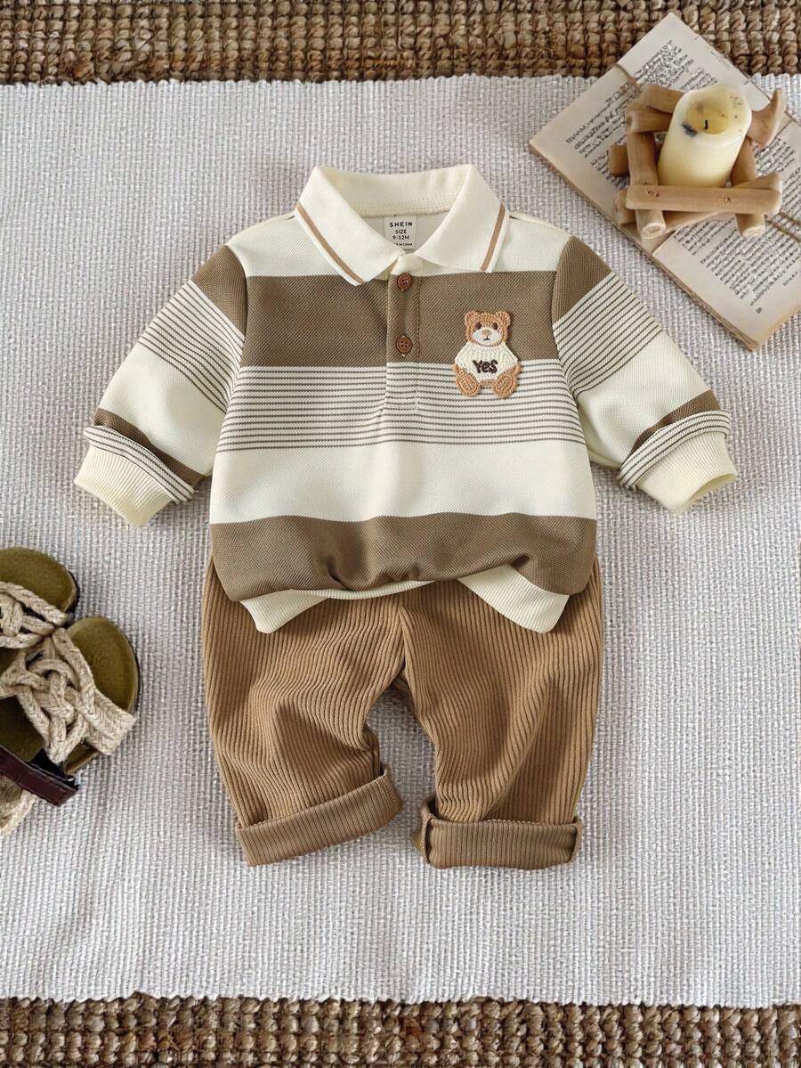 SHEIN 2pcs/Set Baby Boy Cute Striped Cartoon Pattern Polo Shirt And Elastic Waist Casual Sweatpants Set, Autumn/Winter