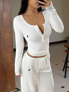 SHEIN EZwear New Autumn All White Women's White Knit Fitted Long Sleeve Top And Drawstring Waist Long Pants Casual Daily 2-Piece Set Two Pieces White Set Women White 2 Pieces Outfit Comfortable Two Pieces Set Casual 2 Pieces Set Two Pieces Set Women - White - View 7