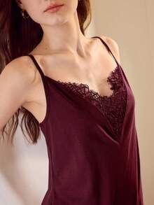 MOTF PREMIUM LACE TRIM PATCHWORK KNIT COMFORTABLE & ELEGANT PAJAMA SET - Burgundy - View 2
