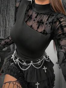 Whyspr Body de cuello alto ajustado con parches de terciopelo y malla en color negro sólido, gótico, streetwear, personalizado, Y2K, primavera/otoño - Negro - Ver 7