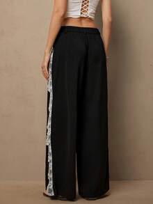 Freevana Calça Preta com Bolsos para Fémininas, Calça Reta de Perna Larga com Recorte de Renda, Calça Larga Romântica de Primavera - Azul Marinho - Visão 4