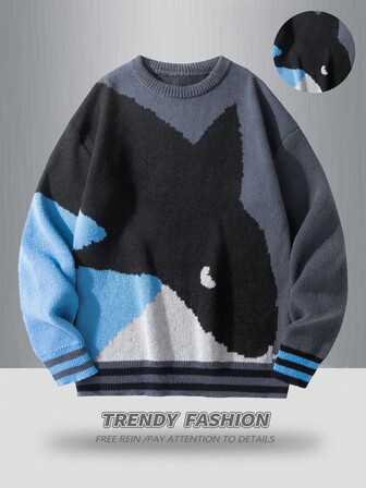 Manfinity Hypemode Men's Casual Colorblock Shark Pattern Knit Sweater, Autumn/Winter Sweater Graphic Blue Sweater