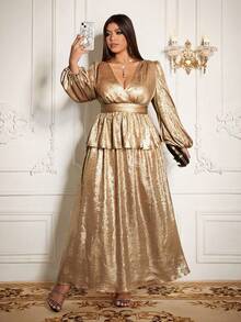 Roveilla Plus Size Women's Gold Elegant Wedding Dress,Autumn Metallic Pleated Blouse & A-Line Loose Maxi Skirt 2 Pieces Set,Luxury Party Evening Gown,Bronze - Gold - View 6