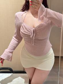 Dazy Plus T-shirt rose à manches évasées et à nouer à la taille, coupe ajustée et élastique, pour femmes grandes tailles, printemps/été - Rose bonbon - Voir 6