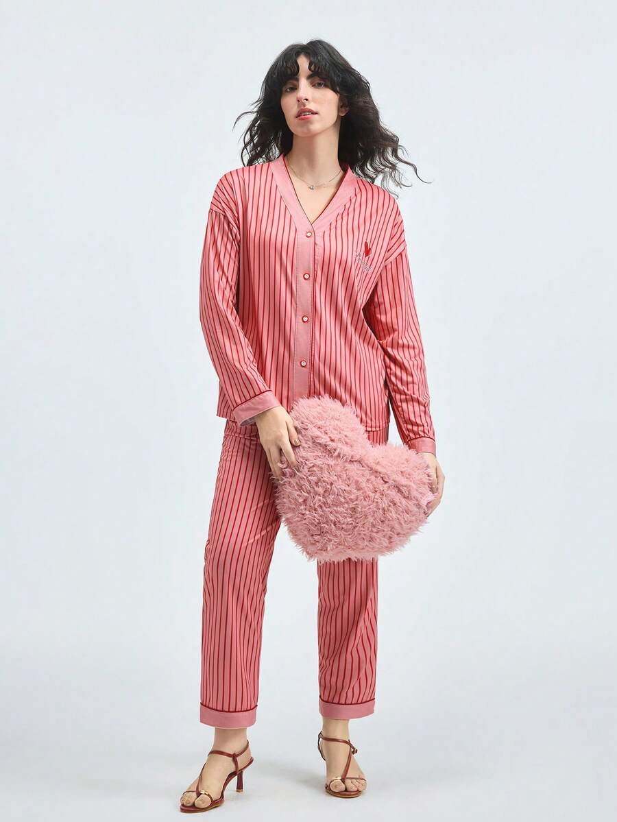 女士V领睡衣套装（2件套），长袖上衣和长裤，亲肤家居服，春秋/秋冬皆宜 - 玫紅色 - 查看 1