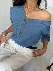 Siren Gaze 休闲宽松长袖纽扣女式牛仔上衣 - 中等水洗藍 - 查看 6