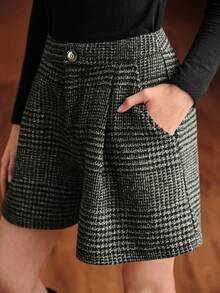 Uhlyne 女士休闲、通勤、社交、职场格子短裤，带口袋，秋冬款