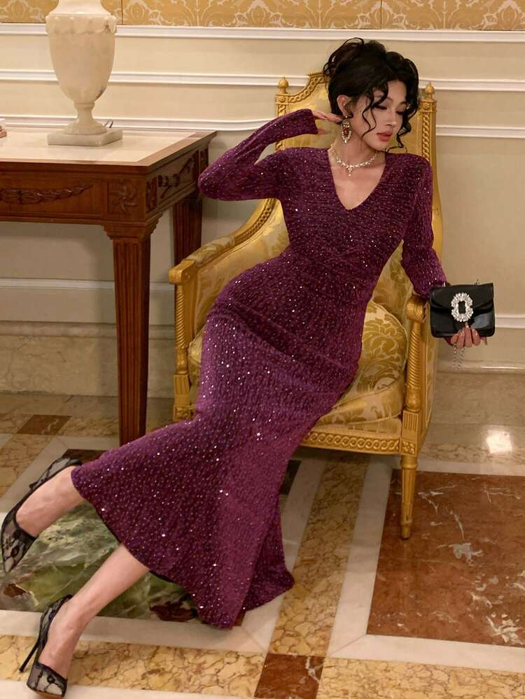 Elegant Rhinestone Embellished V-Neck Bodycon Long Sleeve Dress Maxi Dress