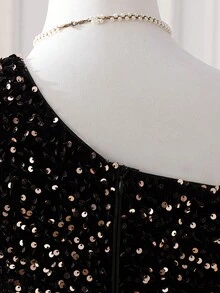 Sparklyn Váy xếp ly lưới sequin lấp lánh một bên vai dành cho thiếu niên, Váy 3 lớp cho trẻ em - màu đen - Xem 4