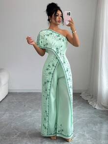 Rafferiza 优雅高端性感露肩印花上衣和宽松阔腿裤两件套 - 綠色 - 查看 1