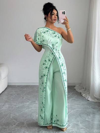 Rafferiza 优雅高端性感露肩印花上衣和宽松阔腿裤两件套