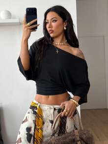 Coolane Women's Spring/Summer Streetwear Chic Basic Minimalist Casual Festival Comfortable Black Loose Asymmetrical Neck Crop T-Shirt - Black - View 2